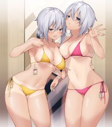 Rule 34 | 2girls, bikini, breasts, cleavage, collarbone, commentary request, fitting room, grey hair, hair between eyes, halterneck, indoors, itohana, legs apart, legs together, looking at viewer, medium breasts, mirror, multiple girls, navel, one-piece tan, open mouth, original, parted lips, pink bikini, price tag, purple eyes, short hair, siblings, side-tie bikini bottom, standing, stomach, strap pull, swimsuit, tan, tanline, trying on clothes, twins, yellow bikini
