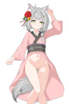 1girl absurdres animal_ears animal_hair_ornament braid commentary english_commentary fang fang_out female_pubic_hair flower gluteal_fold green_eyes grey_hair grey_pubic_hair hair_flower hair_ornament hair_over_shoulder highres japanese_clothes kamizuki_naki kimono knees_together_feet_apart loli long_sleeves looking_at_viewer lying medium_hair multicolored_hair navel notched_ear obi on_back open_clothes open_kimono pink_kimono prism_project pubic_hair pussy sash short_hair simple_background single_braid smile sparse_pubic_hair tail thigh_gap two-tone_hair uncensored uts virtual_youtuber white_background wolf_ears wolf_girl wolf_tail