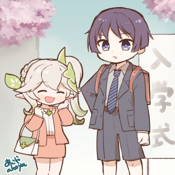 1boy 1girl akoya_(anoko_konoko) alternate_costume arm_behind_back arms_at_sides artist_name backpack bag belt belt_buckle black_belt black_jacket black_shorts black_sleeves blazer blouse blue_necktie blue_sky blunt_ends braid buckle cherry_blossoms choppy_bangs clenched_hand closed_eyes collared_shirt colored_tips commentary_request contemporary eyeliner facing_viewer genshin_impact green_eyes green_hair hair_ornament half_crown_braid handbag hands_up height_difference jacket lapels leaf leaf_hair_ornament long_hair long_sleeves looking_at_viewer makeup multicolored_hair nahida_(genshin_impact) necktie office_lady open_mouth outdoors pencil_skirt pink_jacket pink_skirt pointy_ears purple_eyes purple_hair randoseru red_bag red_eyeliner scaramouche_(genshin_impact) school_uniform shirt shorts side_ponytail sidelocks single_sidelock skirt sky streaked_hair striped_clothes striped_necktie translation_request undershirt white_bag white_hair white_shirt wing_collar