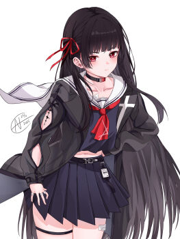 1girl absurdres arm_cutout black_choker black_hair black_jacket black_serafuku black_shirt black_skirt blush chisa_(wuthering_waves) choker closed_mouth clothing_cutout collarbone commentary dated fanchin hair_ribbon hand_on_own_hip highres jacket long_hair long_sleeves looking_at_viewer midriff navel red_eyes red_ribbon revision ribbon sailor_collar school_uniform serafuku shirt simple_background skirt solo tacet_mark_(wuthering_waves) thigh_strap thighs white_background white_sailor_collar wuthering_waves