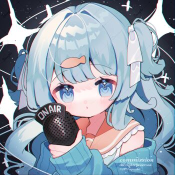 1girl black_background blue_cardigan blue_eyes blue_hair blush cardigan commentary commission fish_hair_ornament frilled_sailor_collar frills hair_ornament hair_ribbon highres holding holding_microphone long_hair long_sleeves looking_at_viewer microphone off_shoulder open_cardigan open_clothes orange_sailor_collar original parted_lips portrait ribbon sailor_collar sample_watermark shirt sleeveless sleeveless_shirt solo sparkle two_side_up upa_papa_co watermark watermark_grid white_ribbon white_shirt