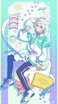 1boy absurdres alternate_costume animal animal_ears animal_on_head black_pants blue_ribbon bone cat cloud commentary_request dog dog_boy dog_ears dog_tail doghouse english_text full_body gradient_background green_background green_eyes green_jacket grid_background heterochromia highres jacket kemonomimi_mode looking_at_viewer male_focus matochi_(fa) murakumo_kagetsu nijisanji on_head pants paw_print pillarboxed pink_cat pink_ribbon purple_background purple_eyes ribbon shoes sitting smile sneakers solo tail track_jacket virtual_youtuber watakumo_(murakumo_kagetsu) white_dog white_jacket
