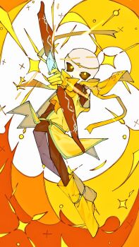 Rule 34 | 1boy, aiming, aiming at viewer, black sclera, boots, bow (weapon), brown pants, brown shirt, cape, circlet, coat, colored sclera, commentary, covered mouth, crossed knees, crossed legs, dreamtale, english commentary, full body, gloves, glowing, glowing eyes, gold circlet, holding, holding bow (weapon), holding weapon, knee boots, looking at viewer, male focus, mei (tuboishi), pants, sans (undertale), shirt, simple background, skeleton, sleeveless, sleeveless coat, sleeveless shirt, solo, sparkle, twitter username, undertale, upturned eyes, utdr (toby fox), weapon, white background, yellow boots, yellow cape, yellow coat, yellow eyes, yellow gloves, yellow theme