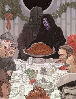 6+boys armor artist_name black_armor black_robe brown_hair christmas_wreath colored_skin darth_vader fine_art_parody food freedom_from_want_(rockwell) glass grand_moff_tarkin grey_hair grey_hat grey_skin hat hooded_robe indoors mcquade multiple_boys palpatine parody plate red_armor robe short_hair star_wars star_wars:_a_new_hope stormtrooper thanksgiving turkey_(food) white_armor wreath