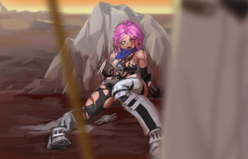 Rule 34 | 1girl, 2 sensei, armor, bandana, bleeding, blood, blue bandana, blurry, blurry foreground, day, defeat, injury, mina (pixiv fantasia last saga), open mouth, outdoors, pink hair, pixiv fantasia, pixiv fantasia last saga, rock, short hair, solo, torn clothes, unconscious