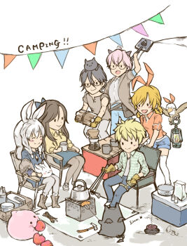 Rule 34 | 3boys, 3girls, :3, alternate costume, animal, animal ears, animal on head, animal on lap, apple, bird, black-framed eyewear, black cat, black hair, blonde hair, blue pants, blue shirt, blue shorts, blue skirt, boots, brown gloves, brown hair, brown jacket, brown shirt, camping, cat, cat on head, chair, closed eyes, closed mouth, coffee, coffee maker, commentary request, contemporary, cooler, cup, deviruchi, eagle, eating, food, fruit, full body, glasses, gloves, gobaku no hito, grey pants, highres, jacket, lantern, log, long hair, looking at another, lunatic (ragnarok online), mosquito coil, mug, multiple boys, multiple girls, on head, on lap, open clothes, open jacket, open mouth, orange shirt, outdoors, pants, pink hair, pointy ears, polearm, poring, rabbit, rabbit ears, rabbit girl, ragnarok masters, ragnarok online, sandwich maker, shirt, short hair, shorts, sitting, skirt, slime (creature), smile, standing, streamers, table, teapot, thighhighs, trident, weapon, white background, white thighhighs