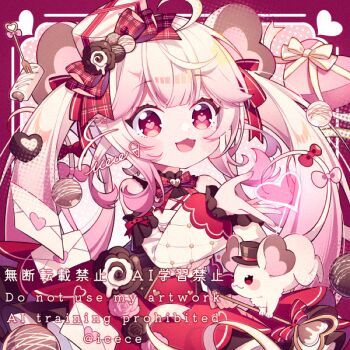 Rule 34 | 1girl, :3, :d, ahoge, animal, artist name, bare shoulders, blush, border, bow, bowtie, commentary, detached sleeves, double-parted bangs, hair between eyes, hair bow, hand up, heart, heart-shaped pupils, hyou (pixiv3677917), long hair, long sleeves, open mouth, original, outside border, pink background, pink hair, plaid bow, plaid bowtie, plaid clothes, polka dot, polka dot background, rabbit, red border, red eyes, red skirt, signature, skirt, smile, solo, symbol-shaped pupils, untranslatable commentary, upper body, watermark, white sleeves