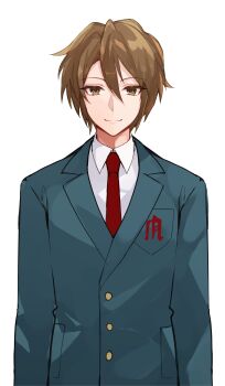 Rule 34 | 1boy, absurdres, blazer, brown eyes, brown hair, closed mouth, collared shirt, commentary request, green jacket, hair between eyes, highres, hutuu (1121), jacket, kita high school uniform, koizumi itsuki, long sleeves, looking at viewer, male focus, necktie, red necktie, school emblem, school uniform, second-party source, shirt, short hair, simple background, smile, solo, standing, suzumiya haruhi no yuuutsu, white background, white shirt, winter uniform