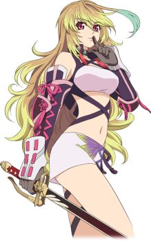 Rule 34 | 1girl, ahoge, artist request, blonde hair, breasts, brown gloves, brown hair, commentary, cowboy shot, dyed ahoge, finger to mouth, from side, game cg, gloves, gradient hair, green hair, highres, holding, holding sword, holding weapon, long hair, looking at viewer, medium breasts, midriff, milla maxwell, multicolored hair, navel, official art, red eyes, shushing, skirt, smile, solo, standing, strapless, sword, tales of (series), tales of asteria, tales of xillia, taut clothes, third-party source, transparent background, tube top, weapon, white skirt