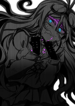 1girl asphyxiation belt blood blood_from_mouth blood_on_chest blue_eyes bow bowtie closed_mouth commentary commentary_request cowboy_shot crying crying_with_eyes_open danganronpa_(series) danganronpa_v3:_killing_harmony drooling english_commentary fingerless_gloves gloves goggles goggles_on_head greyscale hair_between_eyes hands_on_own_neck high_belt highres iruma_miu long_hair mixed-language_commentary monochrome noose o-ring o-ring_belt open_mouth pink_blood pleated_skirt round_eyewear sail scared school_uniform scythe-of-petals serafuku skirt solo spoilers spot_color strangling studded_gloves sweat tears very_long_hair wavy_mouth white_background wide-eyed