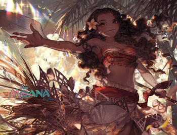 1girl bandeau curly_hair dark-skinned_female dark_skin disney female_focus flower hair_flower hair_ornament kawacy long_hair long_skirt looking_at_viewer midriff moana_(movie) moana_waialiki navel oar outstretched_arm sarong skirt smile solo stomach