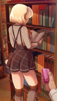 1girl 2019 artist_name bad_id bad_pixiv_id bag blonde_hair book bookshelf boots borrowed_character bracelet commentary controller discreet_vibrator earrings english_commentary facing_away from_behind highres holding holding_book indoors jewelry knee_boots library light_particles long_sleeves merunyaa miniskirt open_book original patreon_username pearl_bracelet pearl_earrings pixiv_username plaid_clothes plaid_skirt pov pov_hands reading remote_control remote_control_vibrator sammy_(bestsammy) sex_toy short_hair shoulder_bag signature skirt solo_focus suspender_skirt suspenders thighhighs vibrator vibrator_under_clothes wireless_sex_toy_controller