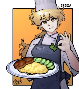 1girl absurdres apron artist_name biscuit_(bread) blonde_hair blue_apron chef_hat closed_mouth cucumber food girls&#039;_frontline gnom_na_korable hands_up hat highres holding holding_plate long_hair looking_at_viewer low_ponytail omelet ots-14_(girls&#039;_frontline) parsley plate ponytail shirt signature smile solo very_long_hair white_shirt yellow_eyes