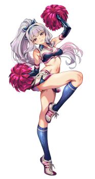 1girl anjerain ass blue_gloves blue_hairband blue_socks breasts cheerleader collared_shirt commentary_request cropped_shirt elbow_gloves floating_hair full_body gloves grey_hair grin hairband highres holding holding_pom_poms idolmaster idolmaster_(classic) kneehighs leg_up long_hair looking_at_viewer miniskirt navel pom_pom_(cheerleading) pom_poms ponytail purple_eyes shijou_takane shirt shoes simple_background skin_tight skirt sleeveless sleeveless_shirt smile sneakers socks solo standing standing_on_one_leg white_background