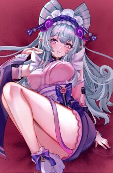 Rule 34 | 1girl, blue hair, blush, breasts, commentary request, corrupted twitter file, detached sleeves, fingernails, genshin impact, gnsn tukituki, hair between eyes, hand up, highres, japanese clothes, kimono, large breasts, long hair, looking at viewer, nail polish, nihongami, obi, parted lips, pink kimono, pink sleeves, pointy ears, purple eyes, purple sash, sash, sitting, solo, symbol-shaped pupils, tail around own leg, very long hair, yumemizuki mizuki
