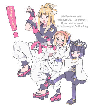 ! 1boy 2girls :&lt; black_dress black_gloves black_hair black_shirt black_shoes blonde_hair blunt_bangs blush blush_stickers closed_mouth commentary_request dougi dress eyelashes fingerless_gloves freckles gloves gwynn_(pokemon) hairband hat highres ivor_(pokemon) jacket josee_(pokemon) long_hair long_sleeves mega_stone multiple_girls nintendo open_mouth orange_hairband outline panties pants pokemon pokemon_(creature) pokemon_legends:_z-a purple_panties red_sandals red_shoes remoooon sandals shirt shoes short_hair sidelocks smile standing standing_on_one_leg translation_request twintails underwear white_jacket white_outline white_pants