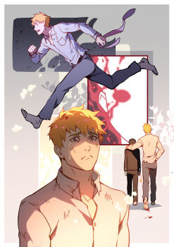 2boys barefoot black_eyes black_pants blonde_hair border choppy_bangs closed_mouth collared_shirt commentary crying crying_with_eyes_open english_commentary frown grey_background grey_shirt highres holding_necktie kageyama_shigeo long_sleeves looking_at_viewer lydialing_draws male_focus mob_psycho_100 multiple_boys multiple_views necktie open_mouth outside_border pants purple_necktie reigen_arataka running sad shirt short_hair tears unworn_necktie walking white_border