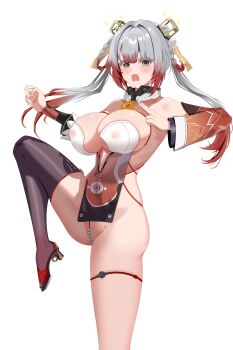 1girl absurdres ass bare_shoulders blunt_bangs blush braid breasts character_request cleavage detached_collar detached_sleeves grey_eyes grey_hair hair_ornament hands_up high_heels highres huge_breasts knee_up large_breasts long_hair looking_at_viewer multicolored_hair nipples one_leg_raised open_mouth pearl_thong rain_sorrow red_hair revealing_clothes side_braid sideboob sidelocks simple_background snowbreak:_containment_zone solo standing standing_on_one_leg surprised thick_thighs thigh_strap thighs twintails white_background