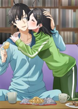 1boy 1girl ahoge black_hair blue_hoodie blue_pants blush bookshelf brother_and_sister chips_(food) closed_eyes collarbone cookie couch cup feet_out_of_frame food green_jacket green_pants green_track_suit hair_ornament hand_on_another's_head headpat hetero hikigaya_hachiman hikigaya_komachi holding holding_food hood hoodie hug indoors jacket kiss kissing_cheek kneeling light_(lightpicture33) long_sleeves looking_at_another medium_hair merchandise_available on_couch pants parted_lips potato_chips profile short_hair siblings sitting table track_jacket track_suit x_hair_ornament yahari_ore_no_seishun_lovecome_wa_machigatteiru.