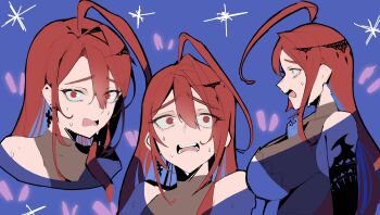 1girl absurdres ahoge azuxxrou blue_fire blue_hair breasts colored_inner_hair commentary elizabeth_rose_bloodflame english_commentary fire highres hololive hololive_english huge_ahoge large_breasts long_hair multicolored_hair multiple_views nervous_sweating open_mouth red_eyes red_hair scene_reference sketch sweat sweatdrop two-tone_hair upper_body very_long_hair virtual_youtuber worried