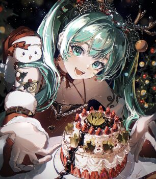1girl :d antlers armlet beads bow bow_choker cake chocolate choker christmas christmas_cake christmas_lights christmas_ornaments christmas_tree close-up detached_sleeves dress earrings fake_antlers food fruit fur-trimmed_dress fur_trim glitter_makeup gold_armlet happy hat hatsune_miku highres horns jewelry light_particles looking_at_viewer open_mouth outstretched_hand plate reindeer_antlers santa_costume santa_dress santa_hat signature smile sparkling_eyes strawberry strawberry_cake vivien_biubiu vocaloid