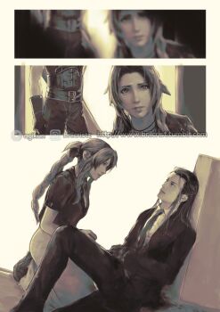 1girl 2boys aerith_gainsborough belt bindi black_hair black_jacket black_pants black_suit boots braid braided_ponytail brilcrist choker cloud_strife cropped_jacket dress final_fantasy final_fantasy_vii final_fantasy_vii_remake formal_clothes gloves hair_ribbon hair_slicked_back injury instagram_username jacket kneeling leg_up long_dress long_hair looking_at_another multiple_belts multiple_boys multiple_views necktie pants parted_bangs parted_lips ribbon sepia shirt short_sleeves sidelocks sitting square_enix suit temple_of_the_ancients tseng twitter_username weapon weapon_on_back wet white_shirt