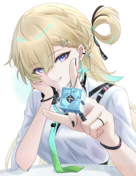 1girl absurdres aqua_necktie black_nails blonde_hair blue_eyes breasts clang_bang_(wuthering_waves) commentary_request ear_piercing earrings eyeliner hair_between_eyes hair_ornament highres jewelry long_hair lynae_(wuthering_waves) makeup medium_breasts multicolored_hair necklace necktie nmnmpngr piercing red_eyeliner shirt simple_background skull_hair_ornament smile solo star_(symbol) star_earrings streaked_hair teeth white_background white_shirt wuthering_waves