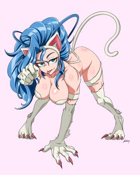 1girl absurdres all_fours animal_ears aqua_eyes blue_hair blush breasts capcom cat_ears cat_girl cat_tail claws closed_mouth collarbone darkstalkers eyelashes felicia_(darkstalkers) female_focus hand_up highres kimleon large_breasts long_hair looking_at_viewer slit_pupils smile smug solo tail tongue tongue_out white_fur