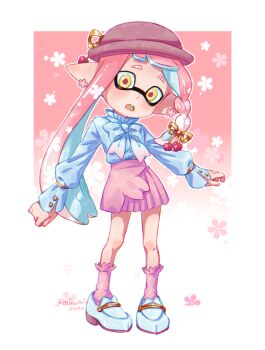 1girl alternate_hair_color ariamikukanzaki blue_hair blue_shirt blue_shoes braid cherry_hair_ornament colored_inner_hair commentary_request earrings eyebrow_cut flower_earrings food-themed_hair_ornament full_body hair_ornament hat high-waist_skirt inkling jewelry long_sleeves miniskirt multicolored_hair nintendo pink_hair pink_socks pleated_skirt puffy_long_sleeves puffy_sleeves shirt shoes side_braid skirt socks solo splatoon_(series) splatoon_3 tentacle_hair two-tone_hair veronika_(splatoon) yellow_eyes