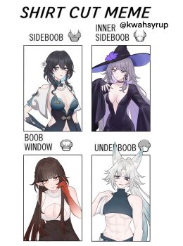 4girls :3 abs absurdres animal_ear_fluff animal_ears aqua_collar aqua_dress aqua_eyes black_choker black_dress black_hair black_hat black_skirt breasts brown_hair choker cleavage_cutout closed_mouth clothing_cutout collar collarbone colored_extremities detached_collar diamond-shaped_pupils diamond_(shape) dress english_text eyelashes fang feixiao_(honkai:_star_rail) flower forehead_jewel fox_ears grey_hair grey_shirt hair_between_eyes hair_flower hair_intakes hair_ornament hair_ribbon hand_on_own_hip hat hat_flower herta_(honkai:_star_rail) highres holding holding_towel honkai:_star_rail honkai_(series) jewelry kwahsyrup large_breasts lingsha_(honkai:_star_rail) lips long_hair long_skirt long_sleeves looking_at_viewer looking_to_the_side mature_female medium_breasts medium_hair multiple_drawing_challenge multiple_girls muscular muscular_female navel navel_cutout necklace orange_eyes parted_bangs pearl_necklace pointy_ears ponytail purple_eyes purple_flower purple_ribbon ribbon ruan_mei_(honkai:_star_rail) shirt shirt_cut_meme shoulder_cutout sidelocks simple_background single_sidelock skirt smile sweat symbol-shaped_pupils tassel the_herta_(honkai:_star_rail) towel twitter_username two-tone_dress underboob upper_body very_long_hair white_background white_flower white_hair white_shirt white_sleeves wide_sleeves witch_hat