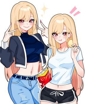 1girl absurdres bag belt black_belt black_shorts blonde_hair blue_pants blue_shirt blush breasts chips_(food) commentary cow crop_top denim double_v eating english_commentary fingernails food grey_jacket hair_between_eyes highres holding holding_bag holding_food jacket jeans kitagawa_marin long_fingernails long_hair looking_at_viewer medium_breasts midriff miovartz multiple_views nail_polish navel pants pink_eyes pink_nails potato_chips shirt short_shorts shorts smile sono_bisque_doll_wa_koi_wo_suru sparkle t-shirt torn_clothes torn_pants turtleneck v white_background white_shirt