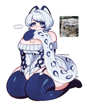 1girl animal_ears bare_shoulders blue_eyes blush breasts claire_(constellor) cleavage commentary constellor english_commentary grey_hair highres leopard_ears leopard_girl long_sleeves mole mole_on_breast multicolored_hair original short_hair snow_leopard_ears snow_leopard_girl snow_leopard_tail solo sweater tail twitter_username two-tone_hair white_sweater
