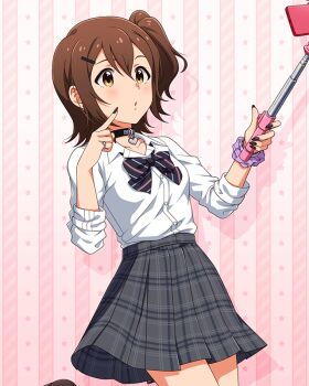 1girl bangle black_bow black_bowtie black_choker black_nails blush bow bowtie bracelet brown_eyes brown_hair choker collared_shirt commentary_request concept_gyarus_(idolmaster) dress_shirt fingernails game_cg grey_skirt hair_ornament hairclip heart heart_choker idolmaster idolmaster_million_live! idolmaster_million_live!_theater_days jewelry kasuga_mirai long_fingernails loose_bowtie nail_polish official_alternate_costume official_art one_side_up open_collar phone plaid_clothes plaid_skirt purple_scrunchie ring scrunchie selfie selfie_stick shirt shirt_tucked_in short_hair skirt solo standing striped_bow striped_bowtie striped_clothes third-party_source white_shirt wrist_scrunchie