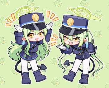2girls :d armband arms_up artist_name backpack bag belt black_bag black_belt black_tail blue_archive blue_armband blue_boots blue_hat blue_jacket blue_shorts blue_skirt blush boots buttoned_cuffs buttons cantaloupe chibi chibi_only demon_girl demon_tail double-breasted fang food food-themed_background fruit gloves green_background green_hair green_halo hair_between_eyes halo hand_up hat highres hikari_(blue_archive) holding holding_tablet_pc jacket leaning_forward long_hair long_sidelocks long_sleeves looking_at_viewer melon miniskirt multiple_girls notice_lines nozomi_(blue_archive) open_mouth outline pantyhose patterned_background peaked_cap pleated_skirt pointy_ears rabbit_pose short_shorts shorts siblings sidelocks sisters skin_fang skirt smile standing tablet_pc tail tfg. tsurime twins twintails v-shaped_eyebrows very_long_hair wavy_hair whistle white_gloves white_outline white_pantyhose yellow_eyes