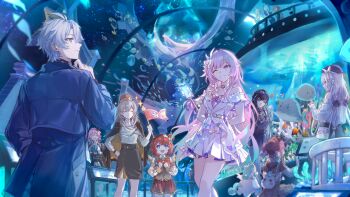 1boy 6+girls ;o alternate_costume aqua_hair aquarium bag beret black_coat black_hair black_skirt blue_eyes blue_jacket breasts camera castorice_(alternate_spacetime)_(honkai:_star_rail) castorice_(honkai:_star_rail) cleavage closed_mouth coat coat_on_shoulders commentary csyday cyrene_(honkai:_star_rail) cyrene_(ripples_of_past_reverie)_(honkai:_star_rail) dress english_commentary grey_hair hand_up handbag hat highres holding holding_camera honkai:_star_rail honkai_(series) hyacine_(honkai:_star_rail) hysilens_(honkai:_star_rail) indoors jacket little_ica_(honkai:_star_rail) long_hair march_7th_(honkai:_star_rail) medium_breasts medium_hair multicolored_hair multiple_girls one_eye_closed pegasus phainon_(honkai:_star_rail) phainon_(luckin_coffee)_(honkai:_star_rail) pink_hair pointy_ears purple_eyes purple_hair red_dress red_hair revision skirt smile squatting stelle_(honkai:_star_rail) thighs trailblazer_(honkai:_star_rail) tribbie_(honkai:_star_rail) two-tone_hair very_long_hair waving_flag white_dress white_hair