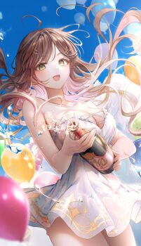 1girl ahoge balloon bare_arms bare_shoulders bottle breasts brown_hair cleavage cowboy_shot dress floating_hair frilled_dress frills green_eyes highres holding holding_bottle indie_virtual_youtuber large_breasts long_hair looking_at_viewer miori_celesta open_mouth ozzingo short_dress sleeveless sleeveless_dress smile solo sundress virtual_youtuber white_dress