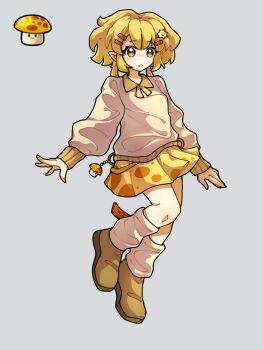 Rule 34 | 1girl, arms up, blonde hair, breasts, brown shoes, center-flap bangs, character charm, charm (object), collared sweater, double-parted bangs, flower, full body, genderswap, genderswap (mtf), grey background, hair between eyes, hair flower, hair ornament, hairclip, highres, ive0iv7307, kneehighs, knees together feet apart, long hair, long sleeves, loose socks, low twintails, miniskirt, neck ribbon, no nose, no pupils, official art inset, parallel hairclips, parted lips, personification, plants vs. zombies, pleated skirt, pointy ears, puffy long sleeves, puffy sleeves, reference inset, ribbon, shoes, sidelocks, simple background, skirt, small breasts, socks, solo, standing, standing on one leg, sun-shroom (plants vs. zombies), sweater, tareme, twintails, white flower, white socks, white sweater, yellow eyes, yellow ribbon, yellow skirt