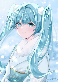 Rule 34 | 1girl, absurdres, aqua eyes, aqua hair, aqua sash, blue kimono, commentary, floral print, floral print kimono, fur-trimmed kimono, fur trim, gono suke, hatsune miku, highres, japanese clothes, kimono, long hair, looking at viewer, obi, print kimono, print sash, sash, sheet music, signature, smile, solo, twintails, upper body, vocaloid