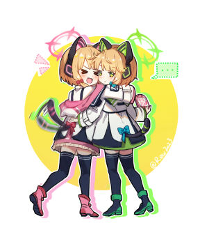&gt;_&lt; ... 2girls :d afterimage animal_ear_headphones animal_ear_hood animal_ears artist_name black_boots black_jacket black_tail black_thighhighs blonde_hair blue_archive blunt_bangs blush boots bow cat_ear_headphones cat_ears cat_tail cheek-to-cheek cherilynorz closed_mouth collared_shirt commentary_request doodle_sensei_(blue_archive) dotted_line drop_shadow fake_animal_ears fake_tail fang frilled_jacket frills from_behind full_body green_bow green_eyes green_halo green_jacket hair_bow halo hand_on_another&#039;s_back handheld_game_console headphones heads_together highres holding holding_handheld_game_console hood hood_down hooded_jacket hug jacket long_sleeves looking_at_viewer looking_back low-tied_sidelocks midori_(blue_archive) momoi_(blue_archive) motion_blur motion_lines multicolored_jacket multiple_girls off_shoulder open_mouth outline parted_bangs pink_boots pink_halo pink_jacket red_bow school_uniform sensei_(blue_archive) shirt short_hair shout_lines siblings sidelocks sisters skin_fang smile spoken_ellipsis standing suspenders tail tail_bow tail_ornament tail_wagging thighhighs turning_head twins two-tone_background white_background white_jacket white_outline white_shirt xd yellow_background