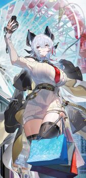 1girl ahoge arm_up bag bare_shoulders black_horns black_jacket black_thighhighs blue_sky breasts camera closed_mouth clothing_cutout commentary curled_horns day dress earrings ferris_wheel grey_dress hair_between_eyes hashtag-only_commentary highres holding holding_bag holding_camera horns huge_breasts jacket jacket_on_shoulders jewelry long_hair mole mole_under_eye multicolored_hair necktie official_alternate_costume outdoors red_eyes red_necktie shopping_bag shoulder_cutout sky smile solo streaked_hair sweater sweater_dress thighhighs thighs wuthering_waves yushe_quetzalli zani_(downtown_repose)_(wuthering_waves) zani_(wuthering_waves)