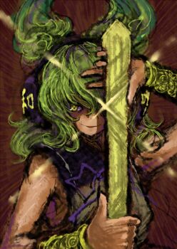 Rule 34 | 2b-ge, bracelet, brown background, chinese commentary, earmuffs, evil smile, glint, green hair, highres, jewelry, long hair, one-hour drawing challenge, pointy hair, ritual baton, shirt, smile, touhou, toyosatomimi no miko, yellow eyes, yellow shirt