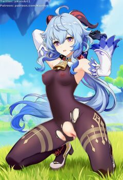 1girl artist_name bad_source bodysuit ganyu_(genshin_impact) genshin_impact highres kairart leggings legs nude nude_filter official_art on_bed pants patreon patreon_username pussy pussy_juice see-through_clothes solo spread_legs third-party_edit torn_bodysuit torn_clothes torn_leggings torn_pants twitter_username