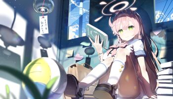 1girl absurdres ball black_shoes blue_archive blue_sky blurry book book_stack breasts brown_bag chinese_commentary closed_mouth commentary_request depth_of_field green_eyes halo hanako_(blue_archive) highres holding holding_book indoors large_breasts light_particles long_hair panties pantyshot pink_hair pink_halo qian_he_shui_cheng school_uniform serafuku shoes short_sleeves sitting sky smile socks solo translation_request underwear volleyball_(object) white_panties white_socks wind_chime