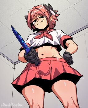 1boy artist_name astolfo_(fate) astolfo_(sailor_paladin)_(fate) black_gloves combat_knife commentary counter-strike_(series) cowboy_shot crop_top english_commentary fang fate/grand_order fate_(series) gloves groin hand_on_own_hip highres holding holding_knife hugo_(rushbordie) knife male_focus midriff navel neckerchief original pink_hair short_hair short_sleeves skin_fang skirt smile solo trap weapon
