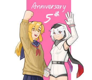 Rule 34 | 2girls, anniversary, arm up, belt, black belt, black skirt, blonde hair, blue sailor collar, blush, brown cardigan, cardigan, clenched hand, commentary, elbow gloves, eye mask, gloves, gmeg011, highres, hood, hood up, koishikawa iko, leotard, long hair, mask, multiple girls, pink background, pleated skirt, red eyes, sailor collar, school uniform, short hair, shy (character), shy (series), skirt, symbol-only commentary, white background, white gloves, white hair, white leotard