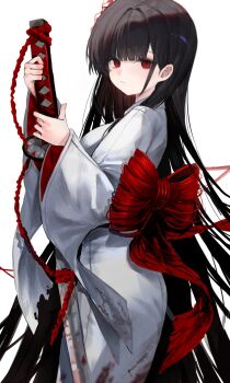 1girl black_hair blood blood_on_clothes closed_mouth commentary_request from_side highres holding holding_sword holding_weapon japanese_clothes katana kimono limbus_company long_hair long_sleeves looking_at_viewer obi project_moon red_eyes red_rope red_sash ribbon rope ryoshu_(project_moon) sash shiromuku simple_background solo string sword uchikake weapon white_background white_kimono wide_sleeves yuchan_00001