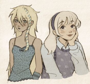 2girls aged_down arm_warmers bare_shoulders blonde_hair blue_bow blue_eyes blue_hairband blue_shirt blue_streaks blue_sweater_vest blush_stickers bow breasts carol_holiday collared_shirt colored_pencil_(medium) commentary cropped_torso deltarune english_commentary graphite_(medium) hairband hand_on_own_chin highres humanization long_hair looking_at_viewer multicolored_hair multiple_girls polka_dot raccoon_tails_(hairstyle) shirt single_sidelock sleeveless sleeveless_shirt small_breasts streaked_hair striped_arm_warmers sweater_vest szivarvanyturmix02 toriel traditional_media two-tone_hair utdr_(toby_fox) white_hair white_shirt