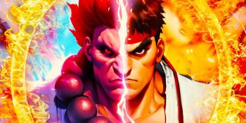 akuma_(street_fighter) beads black_sclera blue_fire colored_sclera dougi embers fire headband karate_gi lightning muscular no_eyebrows official_art prayer_beads red_hair red_headband ring_of_fire ryu_(street_fighter) serious split_screen street_fighter street_fighter:_duel vs yellow_fire