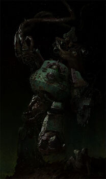2boys adeptus_astartes armor astra_militarum bald banner battle_standard bell chain chaos_(warhammer) chaos_space_marine circular_saw combat_helmet covered_mouth dark dark_background death_guard decay dreadnought_(warhammer_40k) giant green_armor helmet hiding highres hooves imminent_death leaning_back military_uniform multiple_boys nurgle_(symbol) pauldrons power_armor roman_numeral rot_fly rust saw scared severed_head shoulder_armor signature skull skull_belt swinging_weapon tentacles tibz-ollier tube walking war_banner warhammer_40k