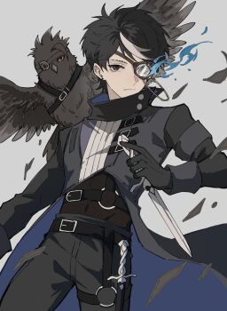 1boy absurdres animal animal_on_shoulder belt bird bird_on_shoulder black_eyes black_gloves black_hair black_jacket black_pants black_theme covered_navel cropped_jacket dagger eli_clark eli_clark_(noir) fishnet_top fishnets flaming_eye gloves harness high_collar highres holding holding_dagger holding_knife holding_weapon identity_v jacket knife looking_at_viewer male_focus monocle multiple_belts o-ring o-ring_harness official_alternate_costume owl pants solo weapon white_streaks wkoneda